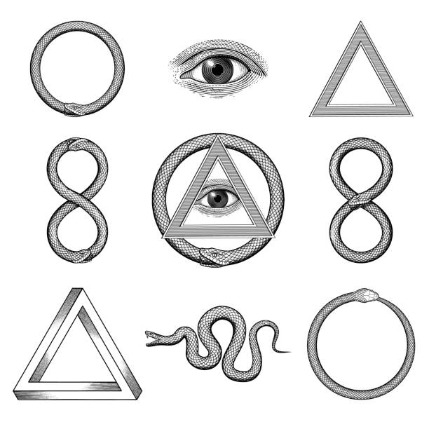 Snake, Eye, Penrose triangle, Uroboros illustrations Snake, Eye, Penrose triangle, Uroboros illustrations in a vintage style snakes stock illustrations