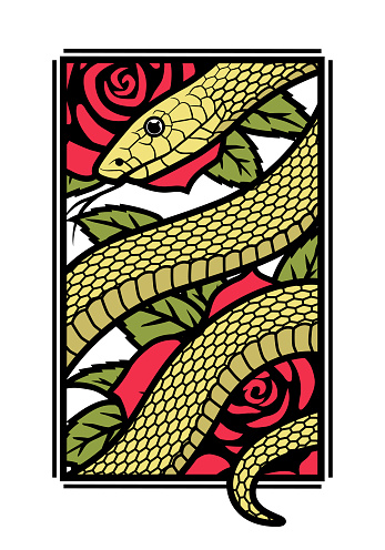 Snake on a background of roses. Vector illustration.