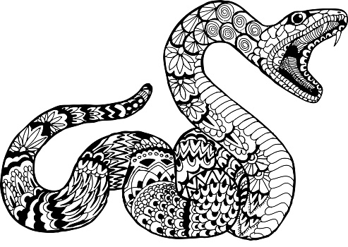 Snake with open mouth. Hand drawn patterns for coloring.