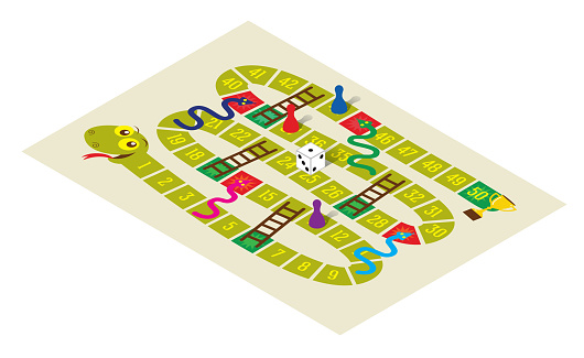 Vector illustration snakes and ladders board game in isometric projection isolated on a white background. Leisure game with role playing dice and figurines.