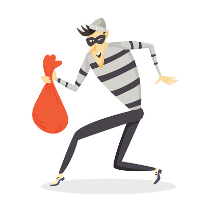 A sneaking thief with a bag of stolen goods. A criminal in striped clothing and a mask. Cartoon vector character