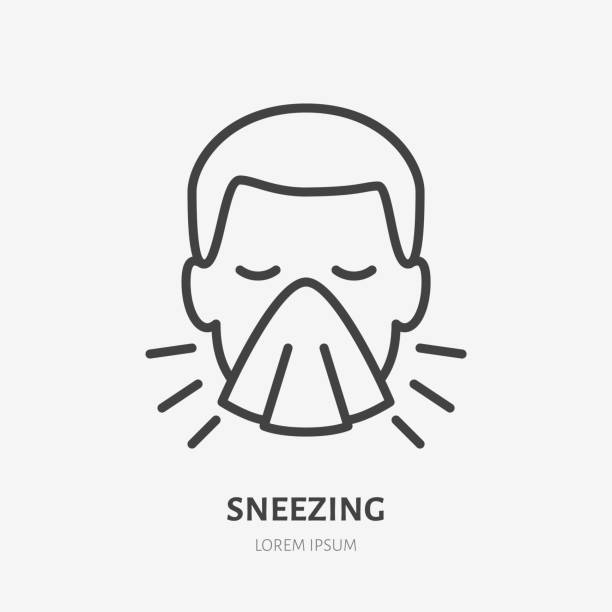 재채기 남자 라인 아이콘, 독감 또는 감기 증상의 벡터 그림. 냅킨 일러스트로 기침을 덮는 남자, 의료 포스터에 대한 기호 - 가리기 stock illustrations