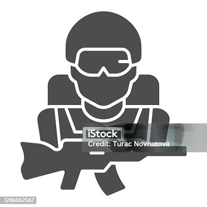 istock Sniper solid icon, patriotic protection of country concept, soldier in army sign on white background, man with military equipment icon in glyph style. Vector graphics. 1286062567