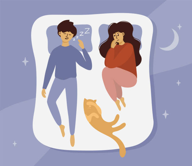 ilustrações de stock, clip art, desenhos animados e ícones de snoring man, awaking woman and cat - sleeping couple