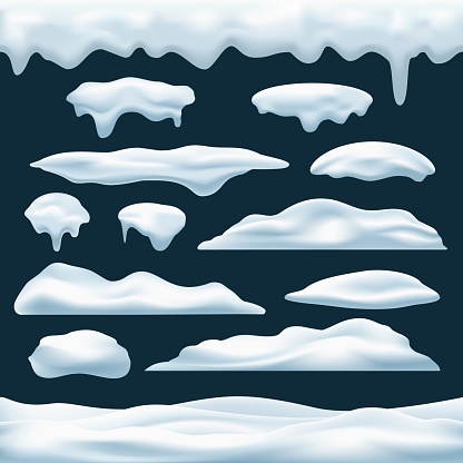 Snow pile vector icons set. Snows caps and roof icing objects, winter snowdrifts piles collection decoration elements for christmas games, new year banners