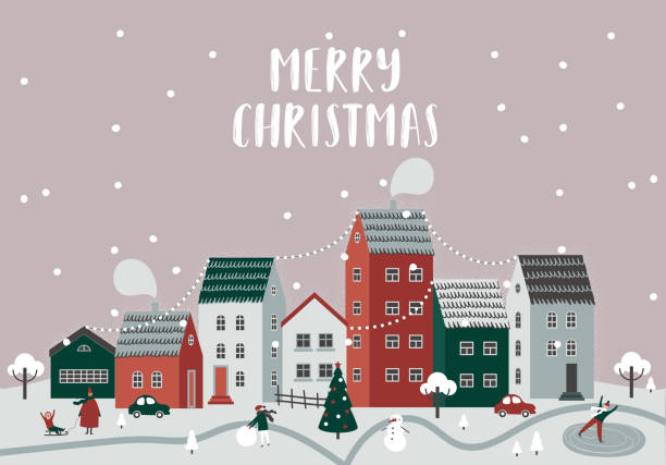 ilustrações de stock, clip art, desenhos animados e ícones de snow covered little town. merry christmas illustration. - cidade pequena