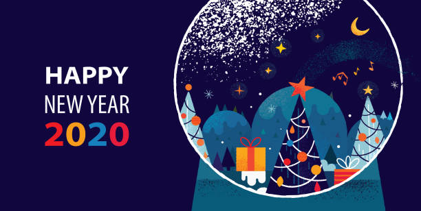Frohes Neues Jahr 2020 Grüße mit Weihnachtsbäumen, Geschenken und magischer Landschaft in der Schneekugel. Lebendige flache Vektorillustration mit handgezeichneten Elementen und Texturen.