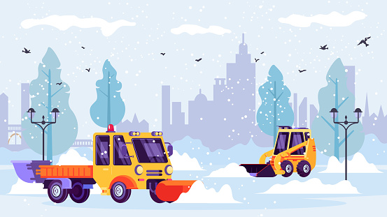 Snow plows machine clean city streets from winter snow drifts ve