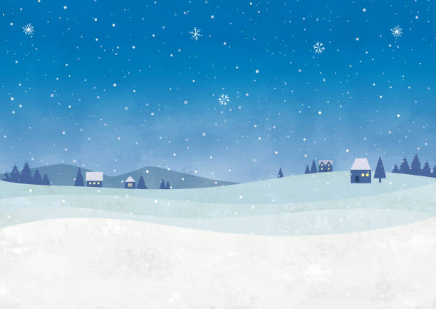 śnieżne miasto w nocy akwarela - winter stock illustrations