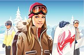 Illustration of a young smiling blonde girl with a snowboard on a ski slope. In the background are other snowboarders, trees, a snowy mountainscape and a clear blue sky. Fully editable and all labeled in layers. + Download includes a high resolution jpeg (6700x 4366 px)