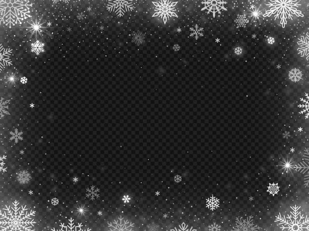 Snowed border frame. Christmas holiday snow, clear frost blizzard snowflakes and silver snowflake vector illustration Snowed border frame. Christmas holiday snow, clear frost blizzard snowflakes and silver snowflake. White sequins flake falling on new year holiday party vector illustration storm borders stock illustrations