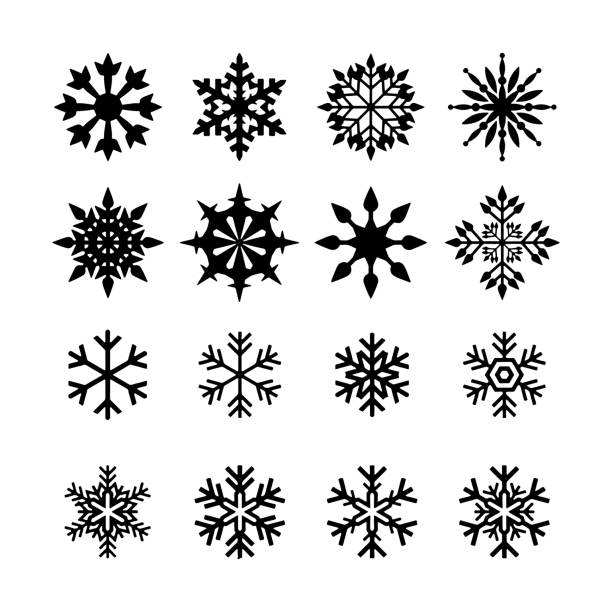 ilustraciones, imágenes clip art, dibujos animados e iconos de stock de iconos de copo de nieve ilustración de silueta vectorial negra - snowflake