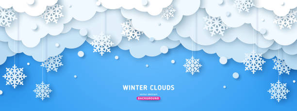 Snowflakes holiday banner Paper cut clouds with snow fall on blue sky background. Snowflakes holiday banner for Christmas and New Year Design. Vector illustration storm backgrounds stock illustrations