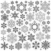 Set of vector snowflakes. Design elements isolated black on white background. Vector icon set. Collection of different variations. One color - black.