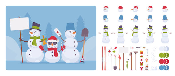 stockillustraties, clipart, cartoons en iconen met sneeuwpop figuur karakter set - posing with ski