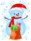 Snowman in hat, scarf and gift bag, snowflakes vector.