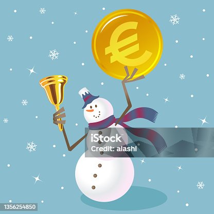 istock Snowman is ringing a gold bell and showing European Union currency, Merry Christmas, and New Year Greeting 1356254850