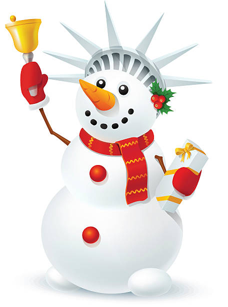 Snowman of liberty ﻿﻿﻿﻿﻿﻿Christmas snowman with a bell and a gift in style of the Statue of Liberty. EPS10 cartoon of a statue of liberty free stock illustrations