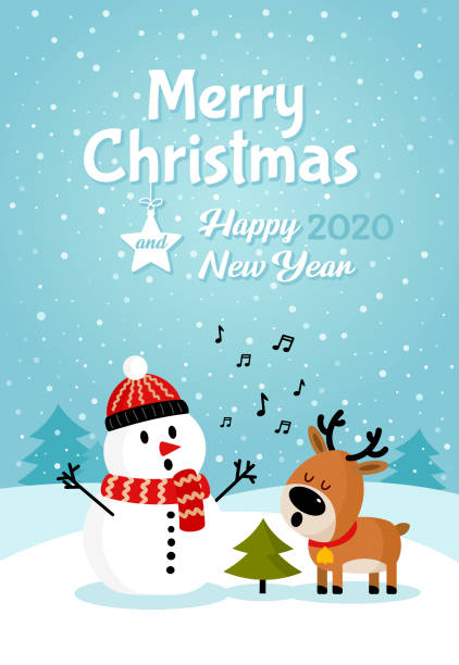 Snowman with deer singing song near Christmas tree Snowman with deer singing song near Christmas tree poster. Merry Christmas and Happy New Year. Holiday greeting card. Isolated vector illustration. christmas music background stock illustrations