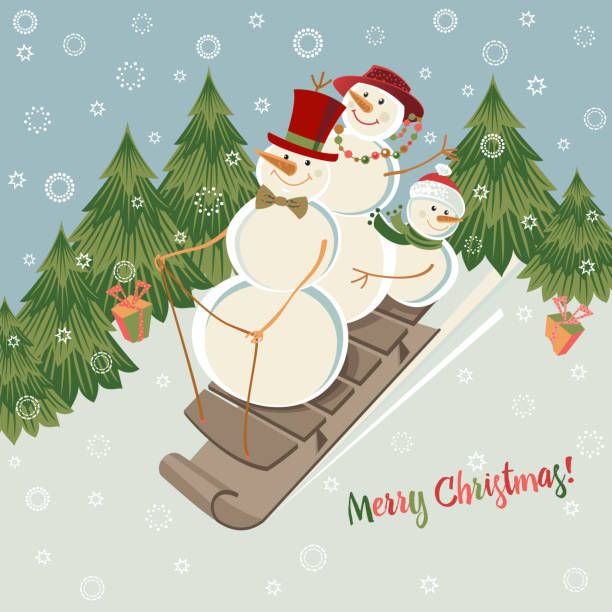 Snowmen Family Tobogganing vector art illustration