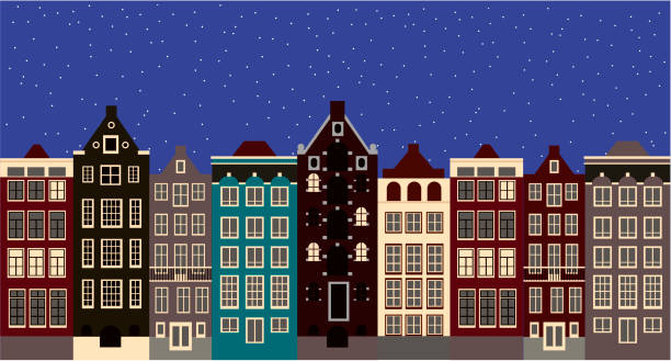 ilustrações de stock, clip art, desenhos animados e ícones de snowy night in cozy christmas town - amsterdam street