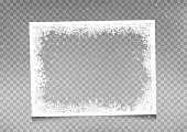 Snowy rectangular frame template on gray transparent background. Christmas snowflakes holiday ice ornament banner