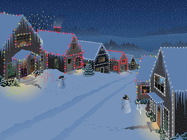 Snowy Suburban Christmas A snowstorm has come to the suburbs making dramatic icicles, snow filled roads and some quiet time for a snow man and woman.  christmas lights house stock illustrations