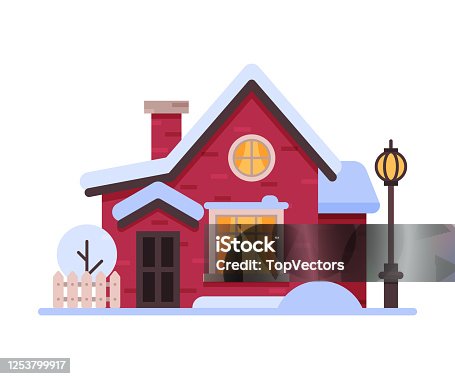 istock Snowy Suburban Wooden Cottage, Cute Rural Winter House, Timbered Cabin with Vintage Streetlamp Vector Illustration 1253799917