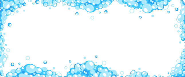 Soap foam with bubbles. Frame of cartoon shampoo and soap foam suds. Vector illustration
