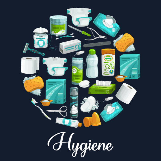 Soap, sponge, toothpaste hygiene product icons Circle of hygiene products. Vector icons of soap, shampoo, toothbrush and toothpaste, sponge, washing powder and toilet paper, shaving foam, shaver and napkin, wet wipe, cotton swab and manicure tool hygiene stock illustrations