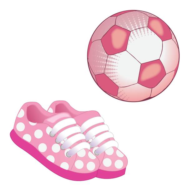 Soccer ball and pink sneakers icon. Flat vector illustration on white background. Equipment for sport, healthy lifestyle and physical activity. Soccer ball and pink sneakers icon. Flat vector illustration on white background. Equipment for sport, healthy lifestyle and physical activity pink soccer balls stock illustrations
