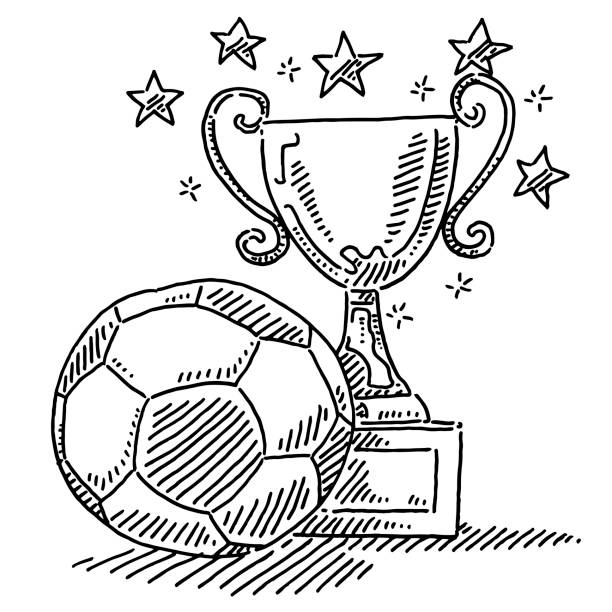 Soccer Ball And Trophy Drawing Hand-drawn vector drawing of a Soccer Ball And a Trophy. Black-and-White sketch on a transparent background (.eps-file). Included files are EPS (v10) and Hi-Res JPG. football clipart black and white stock illustrations
