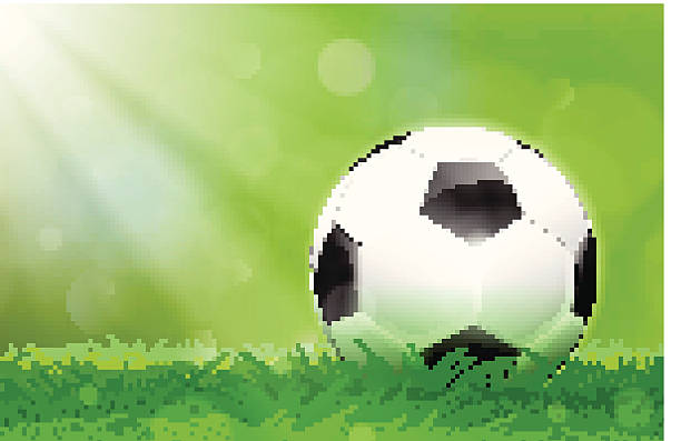Soccer ball on the pitch Detailed soccer ball on lush soccer field. Eps 10 transparencies used on other than normal mode. background of a classic black white soccer ball stock illustrations