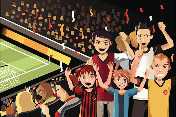 Soccer fans in stadium A vector illustration of soccer fans cheering inside the stadium cartoon of a stadium crowd stock illustrations