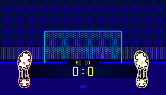 soccer field. football boots different team match show name bar time and score on center point. a goal in front of fan club chair. beautiful color background. vector illustration eps10