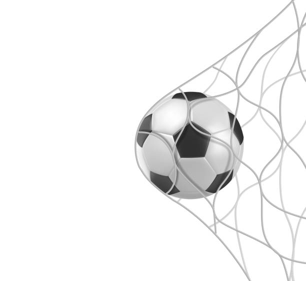 Soccer football ball in goal net isolated on white Soccer or football ball in goal net isolated on white background, sports accessory, equipment for playing game, championship or competition, design element. Realistic 3d vector illustration, clip art classic black white soccer ball clip art stock illustrations