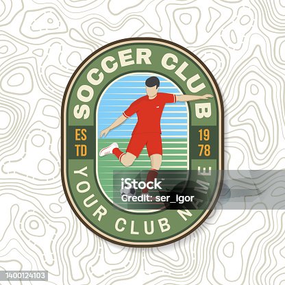 istock Soccer, football club patch design. Vector illustration. For college league football club sign, emblem. Vintage monochrome label, sticker, patch with soccer and football player silhouettes. 1400124103