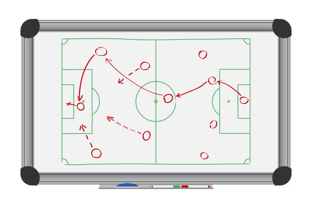 Soccer game strategy on whiteboard. Drawing with football tactical plan on marker board. Vector illustration.  whiteboard marker stock illustrations