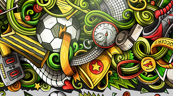 Soccer hand drawn doodle banner. Cartoon detailed illustrations. Football identity with objects and symbols. Color vector design elements background