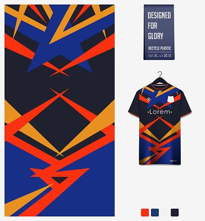 Soccer jersey pattern design.  Abstract pattern on blue background for soccer kit, football kit or sports uniform. T-shirt mockup template. Fabric pattern. Sport background.