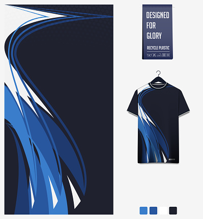 Soccer jersey pattern design.  Abstract pattern on blue background for soccer kit, football kit or sports uniform. T-shirt mockup template. Fabric pattern. Abstract background.