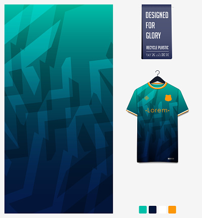 Soccer jersey pattern design.  Abstract pattern on green background for soccer kit, football kit or sports uniform. T-shirt mockup template. Fabric pattern. Sport background.