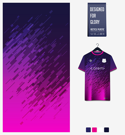 Soccer jersey pattern design.  Abstract pattern on violet background for soccer kit, football kit or sports uniform. T-shirt mockup template. Fabric pattern. Sport background.