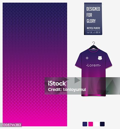 istock Soccer jersey pattern design. Zig Zag pattern on violet abstract background for soccer kit, football kit or sports uniform. T-shirt mockup template. Fabric pattern. Sport background. 1308744383