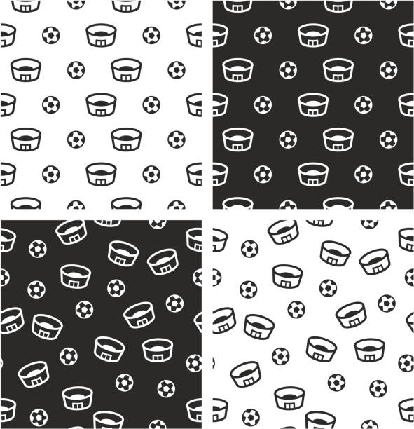 Soccer or Football Stadium Big & Small Aligned & Random Seamless Pattern Set This image is a vector illustration and can be scaled to any size without loss of resolution. background of a classic black white soccer ball stock illustrations