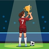 Soccer player female holding trophy winning champion celebration in cartoon illustration vector