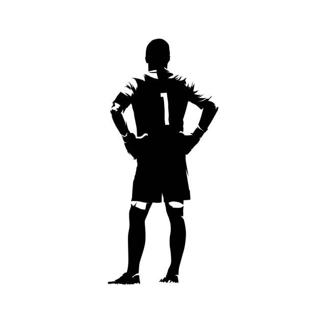 Soccer player goalkeeper standing with hands on hips, isolated vector silhouette, ink drawing Soccer player goalkeeper standing with hands on hips, isolated vector silhouette, ink drawing goalie stock illustrations