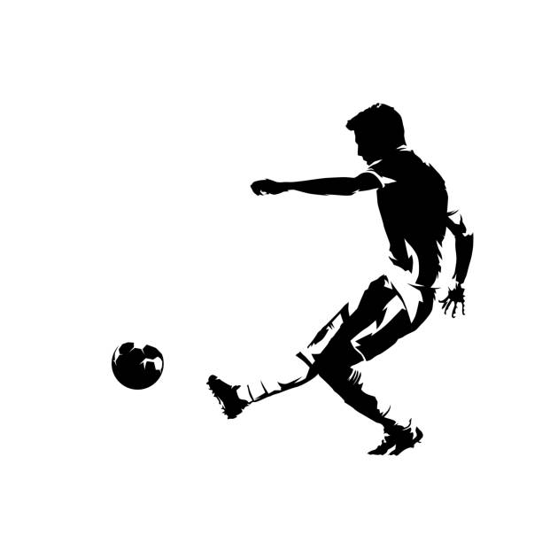 Soccer player kicking ball and scoring goal, abstract ink drawing vector silhouette. Isolated footballer, side view, comic style Soccer player kicking ball and scoring goal, abstract ink drawing vector silhouette. Isolated footballer, side view, comic style soccer silhouettes stock illustrations