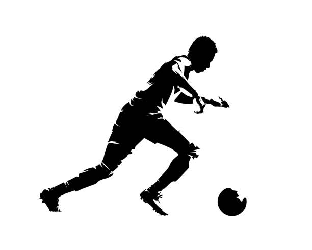 Soccer player running with ball, abstract isolated vector silhouette, side view. Team sport Soccer player running with ball, abstract isolated vector silhouette, side view. Team sport soccer silhouettes stock illustrations