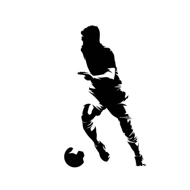 Soccer player running with ball, abstract isolated vector silhouette. Footballer ink drawing, comic style Soccer player running with ball, abstract isolated vector silhouette. Footballer ink drawing, comic style soccer silhouettes stock illustrations